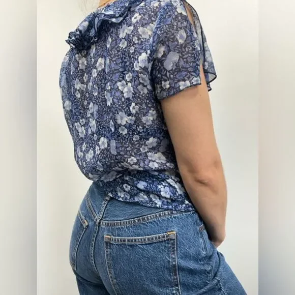 Y2K Oscar De La Renta Blue Floral Ruffle Short Flutter Sleeve Blouse Size 8 - Picture 4 of 14